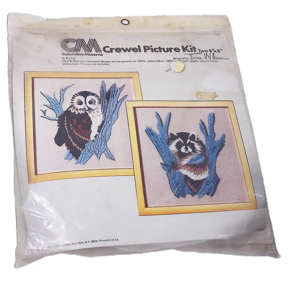 Vintage 1976 CM Minerva Crewel Picture Kit Owl And Raccoon Set Of Two New